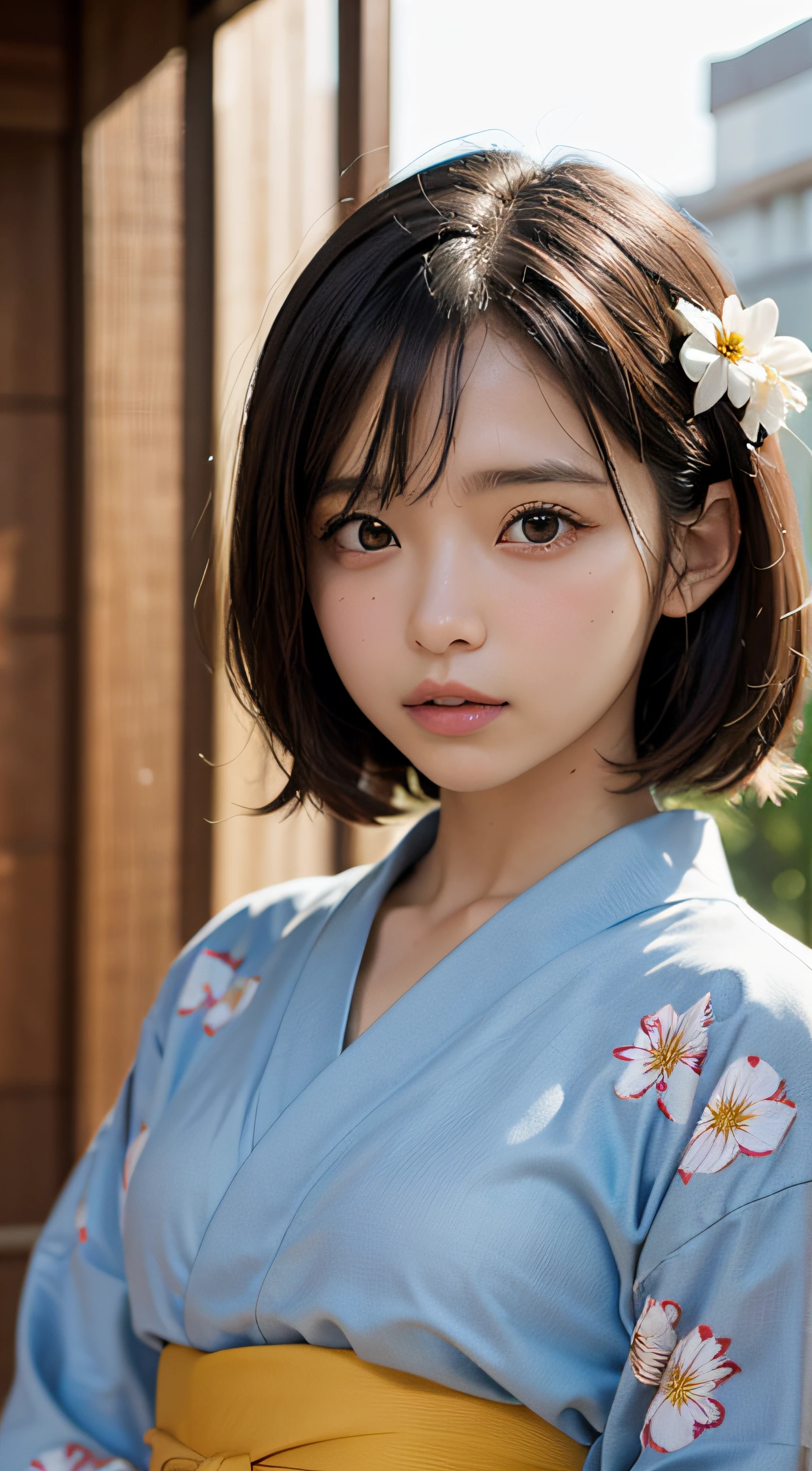 (masutepiece, Best Quality:1.4), Beautiful face, 8K, 85 mm, absurderes, (floral pattern yukata:1.2), close up of face, violaceaess, gardeniass, Delicate girl, Solo, Night, Looking at Viewer, Upper body, Film grain, chromatic abberation, Sharp Focus, face lights, Professional Lighting, Sophisticated, (Smile:0.4), (Simple background, Bokeh background:1.2), Detail Face