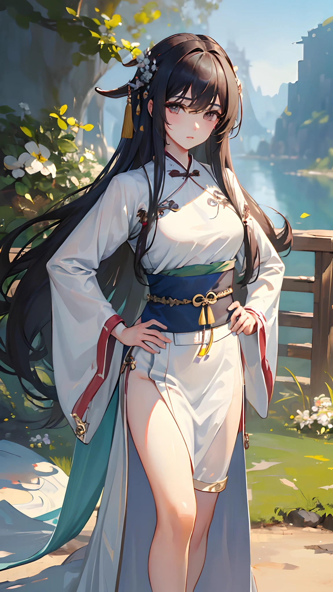 (masterpiece:1.5),(best quality:1.5),(ultra-detailed:1.5),illustration,cowboy shot,1girl,solo,(buildings),perfect face,lustrous skin,long hair,beautiful detailed eyes,beautiful flowing hair,(ru_qun:1.5),(hanfu:1.5),chinese clothes, white dress,white thighhighs, (bloom),lighting, ray tracing,outdoors,  mountains, nature,hair ornament, hair ribbon,hand on hip,looking at viewer,ahoge,large breasts, (deep depth of field:1.5),hair ornament, forest,barefoot sandals