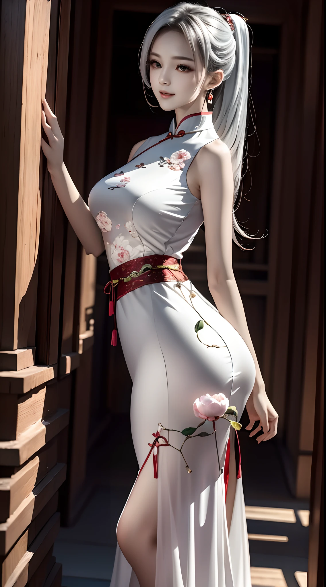 long layered silvery white hair，High ponytail，Delicate and bright hair color，Delicate and perfect face，The corners of the eyes are slightly red，ssmile，upturned corners of the mouth，Peony pattern cheongsam design，Raised skirt，Delicate long legs，The skin texture is delicate，leaning back against the wall，Cinematic gloss，Best quality photos 16k high resolution。