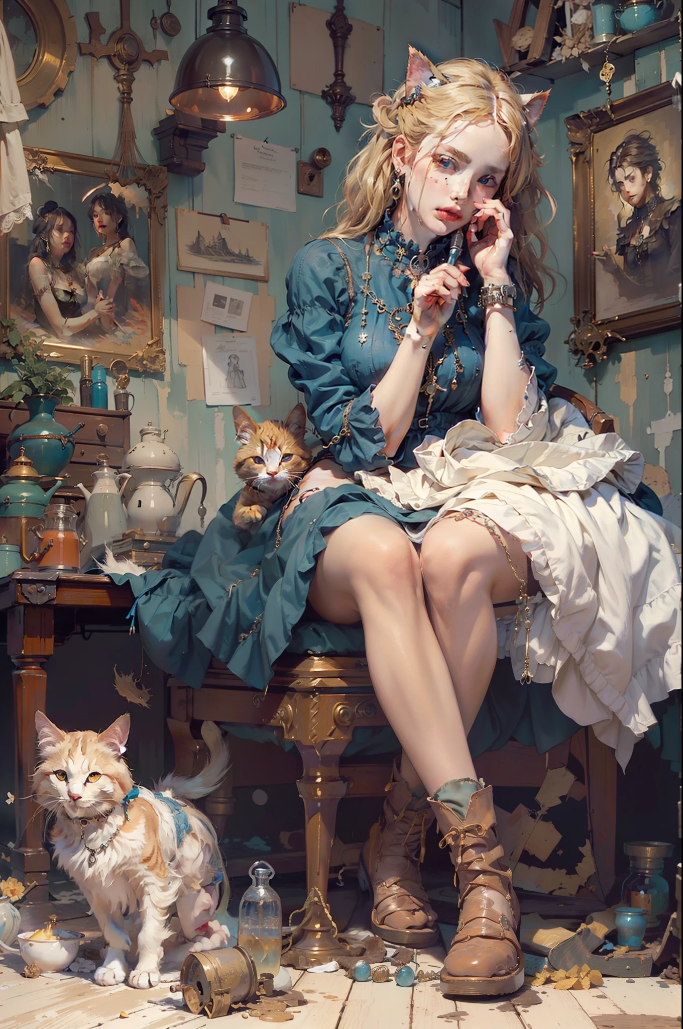 Top image quality、​masterpiece、an oil painting、Norman Rockwell's style、 beautiful a girl、The iris is blue、Cute little face、Light makeup、Cat's ears、blonde hair in braids、Luxurious necklace around the neck、tiny chest、Big buttocks、sitting on、portrait of a full body、alchemist、She holds a magic wand in her right hand、 Long dress in Gothic style with intricate decoration、Leather boots、Messy Alchemy Lab、Machine wreckage crowded together、abajour、Blue light leaks from the room at the end of the hallway behind you from the next room、Desolate castle、Moonlight shining through the window、mid night、thirds rule、low angles