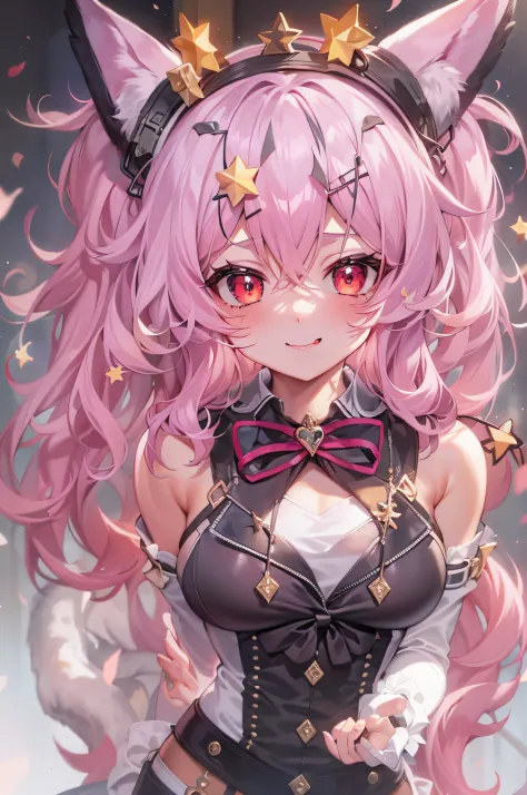 teens girl, Stockings, black sock, White silk socks, Hands behind your back, Pink hair, ahoge, Big hair, hair adornments, shairband, Star-shaped pupils, Red eyes, Pink eyes, Evil smile, Smug, Fang, Anime style, hyper HD, Masterpiece, ccurate, Textured skin...