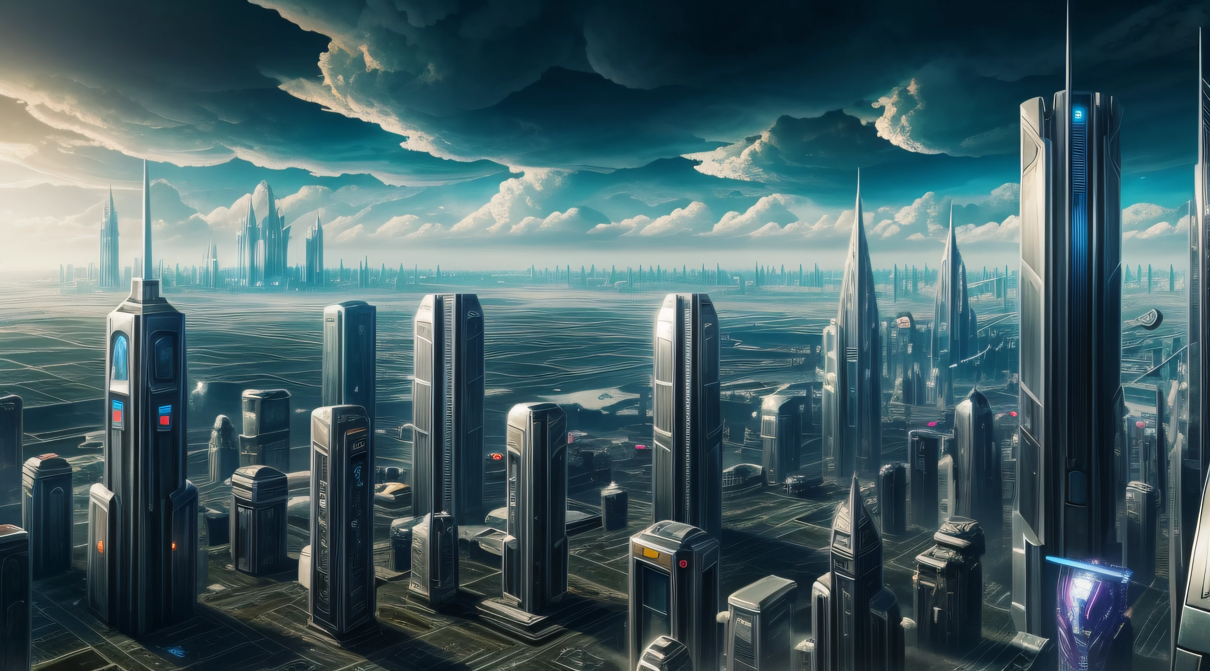 Close-up of city with sky background and sky with clouds, huge futuristic temple city, Sci-fi fantasy wallpaper, in fantasy sci - fi city, Sci-fi fantasy desktop wallpaper, otherwordly futuristic city, Science fiction city, empyrean city, Beautiful sci-fi art, depicted as a scifi scene, Beautiful city of the future