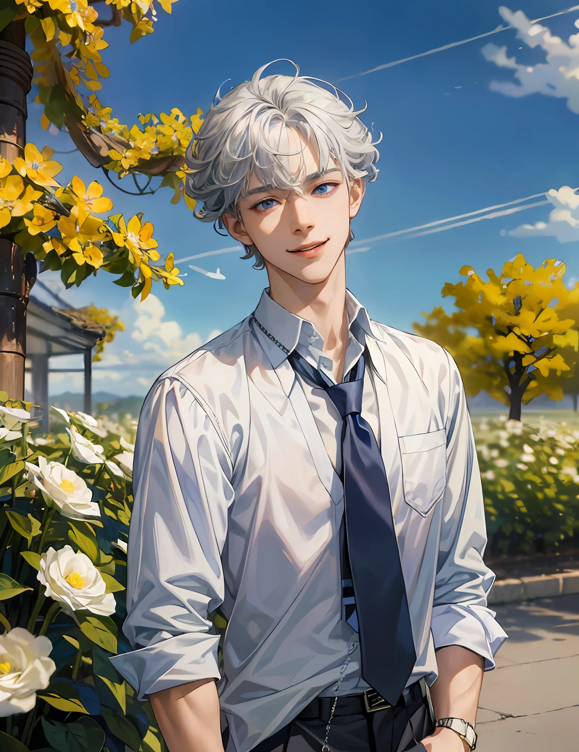 absurdres, highres, ultra detailed, HDR), masterpiece, best quality, 1boy, solo, 17 year, handsome, YELLOW messy curly hair, blue eyes and detailed face, ((wear , loosened tie, open collar)), (white skin), upper body, muscular, playfully smile, direct angle, wear silver necklace, modern style