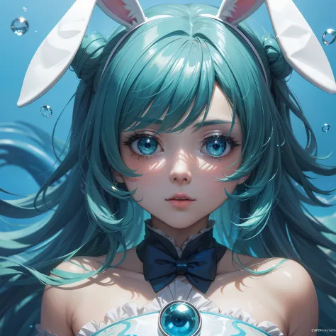 an anime girl in a bunny rabbit outfit, in the style of fluid expressionism, Light cyan and green, photorealistic eye, sparkling...