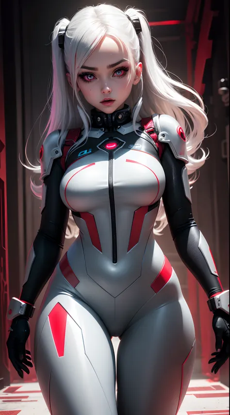 Cold cybergirl bust，Wear a blood-colored technology exoskeleton，The expression was cold，White eyeballs，super-fine，Fine high-tech...