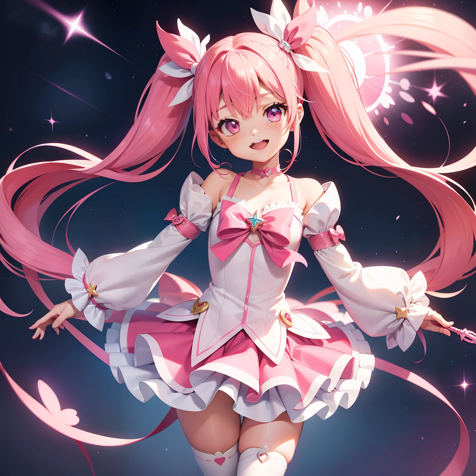 one girls、Pink hair、Magical Girl Clothes、a miniskirt、white tights、Pink shoes、Magical Girl Wand、Stars in the eyes、Dazzling smile、Dynamic angles、Vibrant poses、Very long twin tails、tiny chest、Bukabuka sleeves、Shoulder out、a red choker、Large ribbon hair fastening、