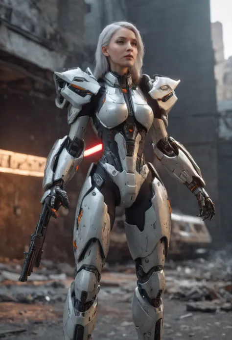 ((Best Quality)), ((Masterpiece)), (Very Detailed:1.3), 3D, Shitu-mecha, Beautiful cyberpunk woman wearing a crown with her mecha in ruins of a city of forgotten wars, streets with mecha in firefight, long silver hair, sci-fi technology, HDR (High Dynamic ...