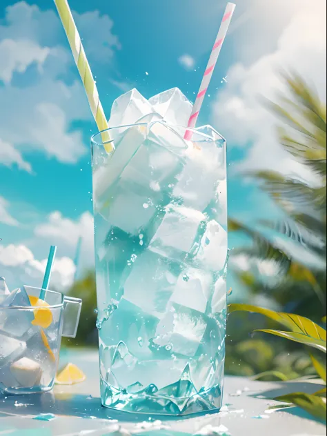 (Chinese beauty) Soft drink made from coconut water, ice cubes and coconut water. Milky white turns white. Cool. There are colored straws and ice cubes, placed on green leaves, outdoors, clear blue sky, beautiful clouds