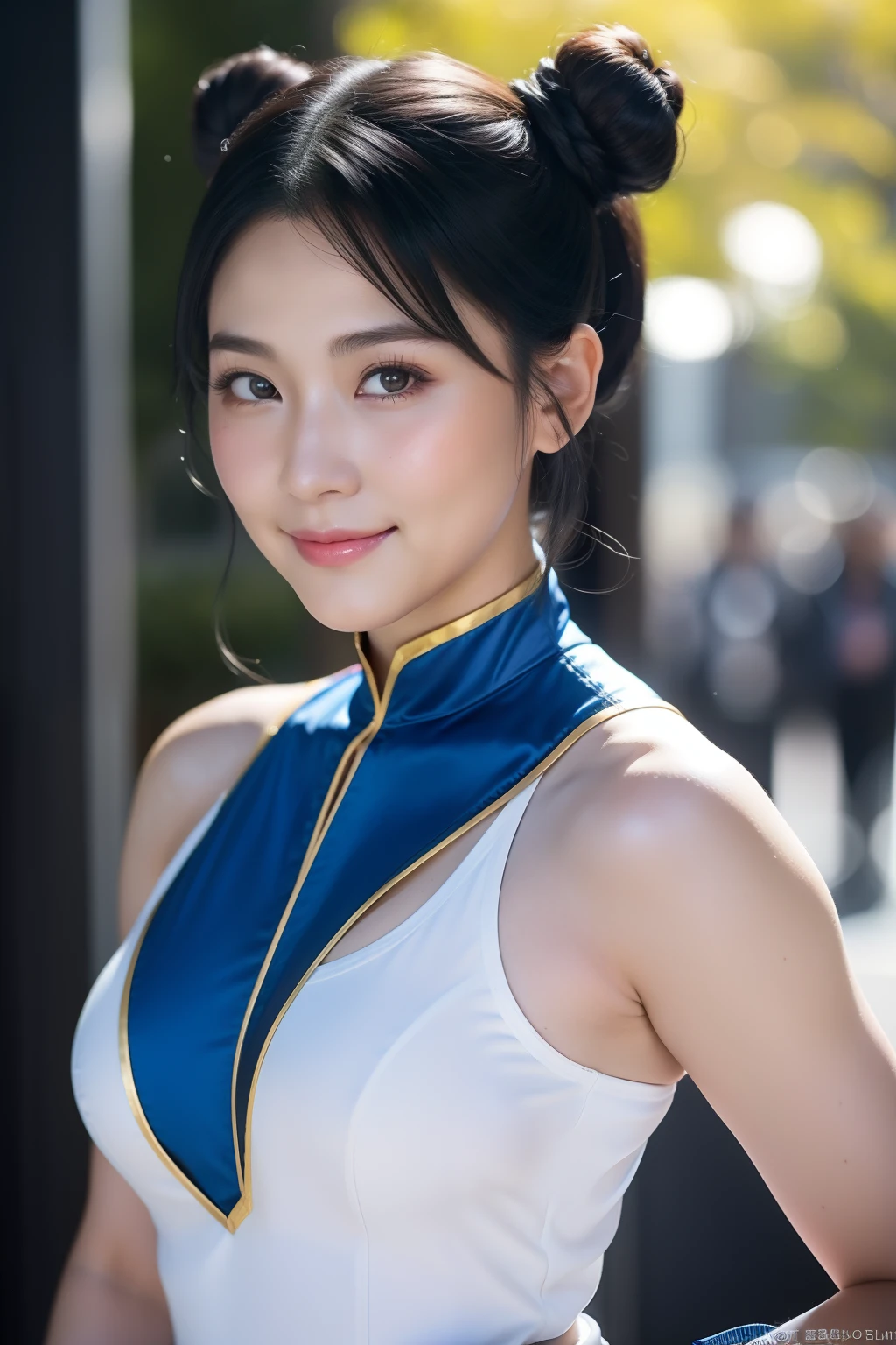 A woman in a white top and blue and gold outfit posing for a picture -  SeaArt AI