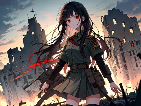 High Picture Quality，with light glowing，A maiden in a commander's costume，Girl in uniform，Long black hair and red eyes，Top angle of view，Stand up，He looked at me with a worried look，Behind it are cities in the ruins of war，There are also missiles in the ai...