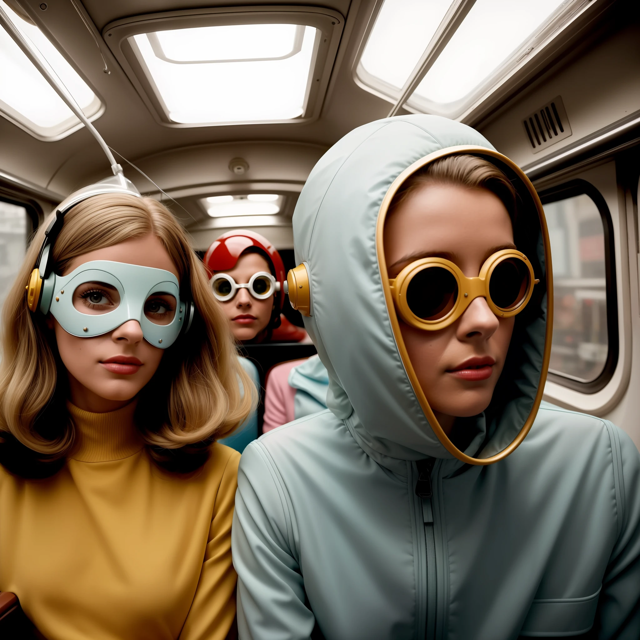 4k portrait of 1960s science fiction by Wes Anderson, Vogue pin-up 1960s, pastels colors, Man with a fish mask wearing weird retro futuristic outfits and a woman wearing glass helmet and techno ornaments on the bus, naturallight, psychedelia, strange futuristic, photorrealistic, hyper detailled, sharp focus, Intrinsic, mid closeup, perfect face and eyes, grain of film, cinemactic, Bokeh lento, Epic composition, natural  lightting, fot, hyper realist, double-exposure,  defocused, motion-blur, absurdrez, high qualiy, best qualityer, Masterpiece artwork, intrikate, amazing picture.