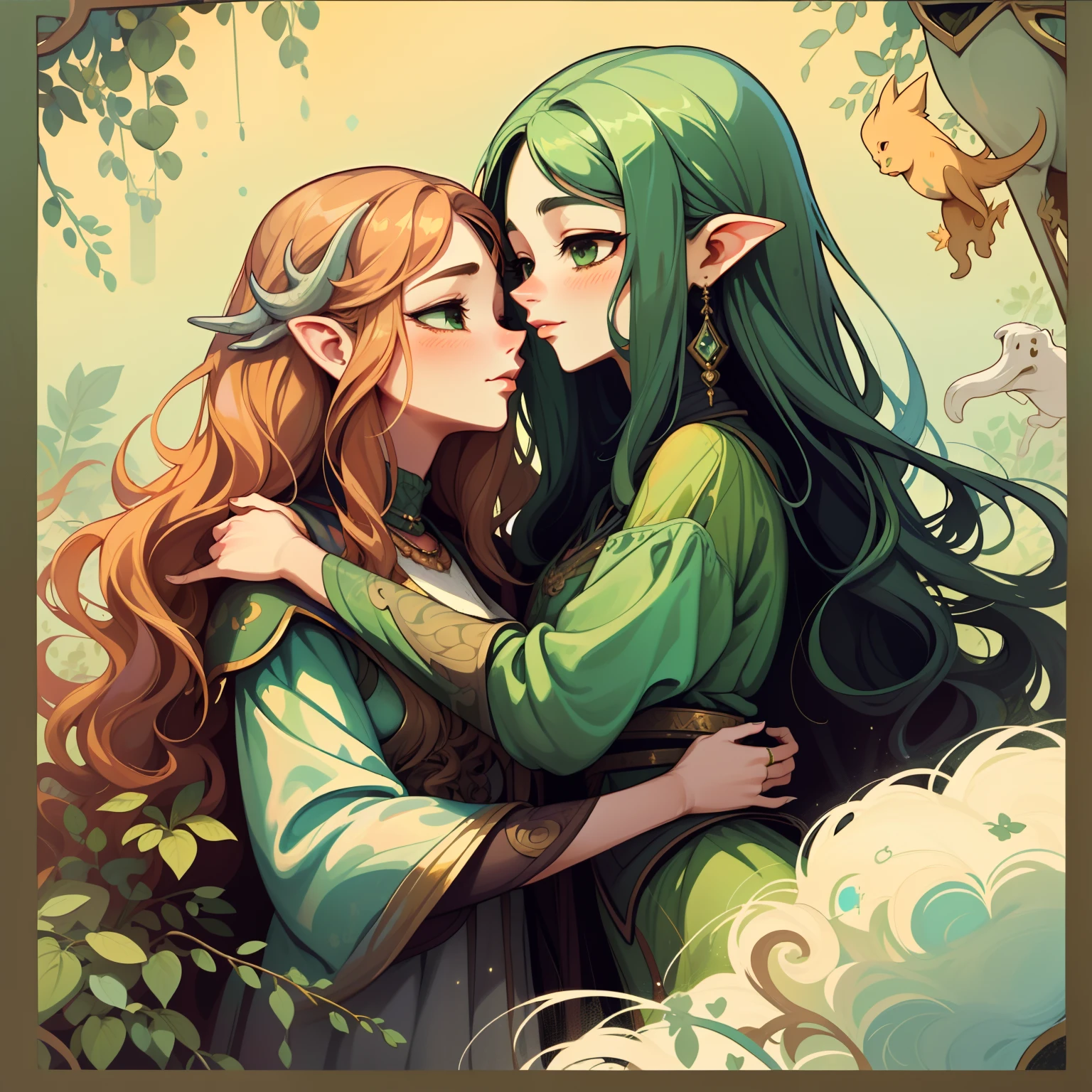 A couple of women hugging each other in a forest - SeaArt AI