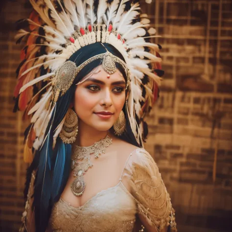 (Mrunalt) wearing a feather headdress and a feather mask, she is dressed in shaman clothes, elaborate costume, feathered headdre...