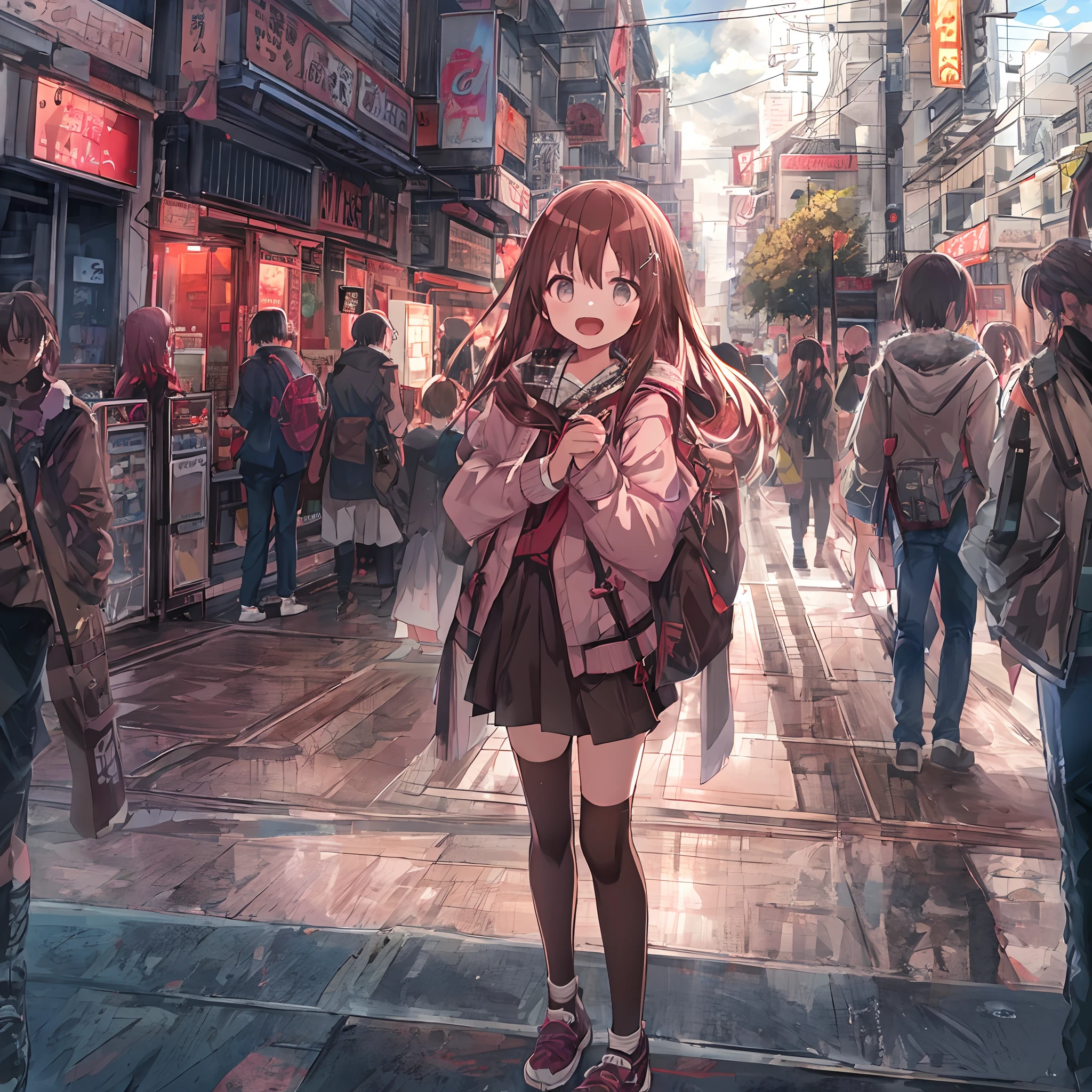 absurderes, hight resolution, (Anime style:1.1), ((masutepiece)), ((Best Quality)), (Ultra-detailed), (Beautiful), 独奏, Beautiful face、(liftup),Cute little girl standing on the street of urban red light district,Wind,thin brown hair, eyes are brown,Casual clothing,Laugh,Looking at Viewer,Lens Flare,Dramatic,Lots of crowds