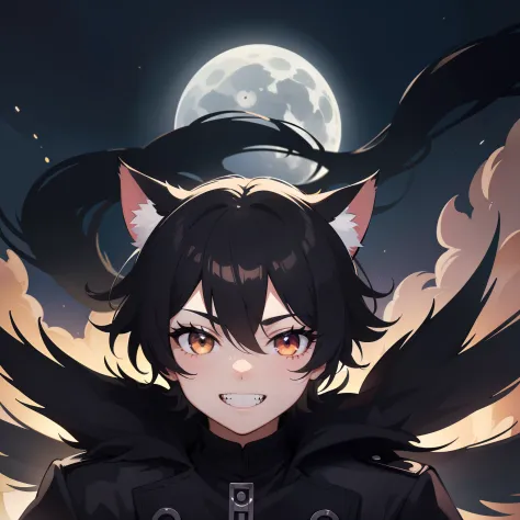 1 boy, male, black hair, white eyes, black cat ears, cat whiskers in face, big smile with serrated teeth, an army of black cats ...