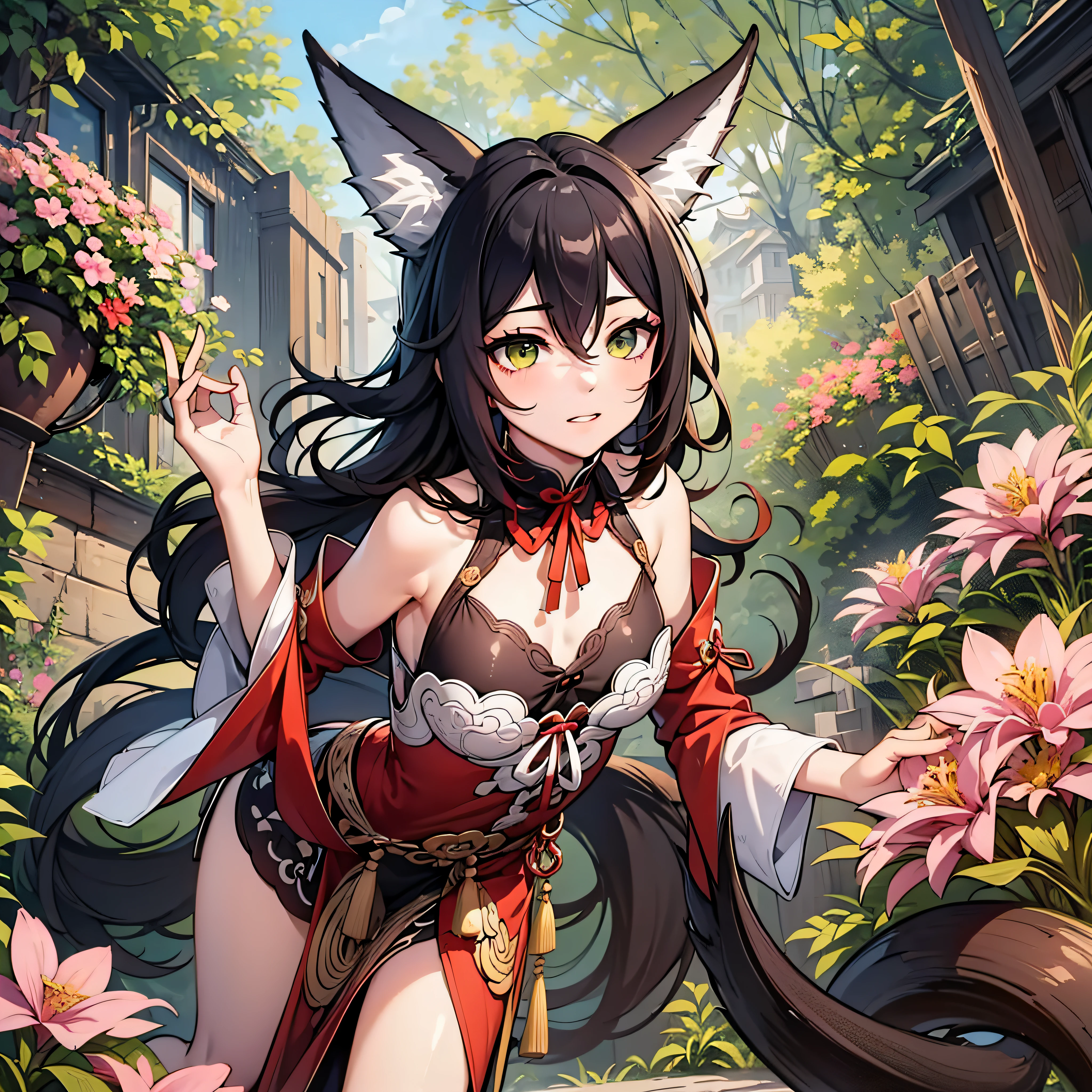 Tingyundef, woman with fox ears and tail, her body is more voluptuous, her breasts are big, she wears a low-cut red dress, with some embroidered details thus giving transparency to the fabric, in the region of the breasts, she is walking in amid the white flowers of a garden, in the background it is possible to see a temple in Chinese style, perfect anatomy, perfect hands, beautiful face, no extra limbs, knee-length, ultra resolution, 4k quality, 1 girl.