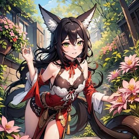 Tingyundef, woman with fox ears and tail, her body is more voluptuous, her breasts are big, she wears a low-cut red dress, with ...