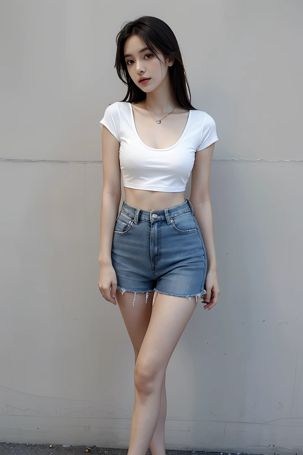 A close up of a woman in a white shirt and denim shorts - SeaArt AI