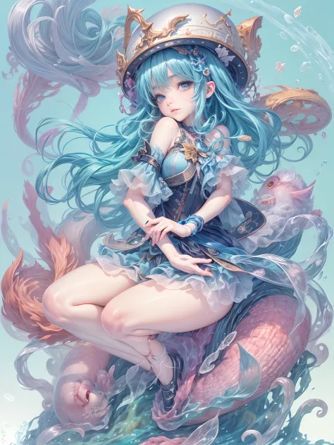 1 small curved loli，blue  hair，15 years old，dwarf，Lie at the bottom of the sea，full bodyesbian，Surrounded by monsters，Beauty wea...