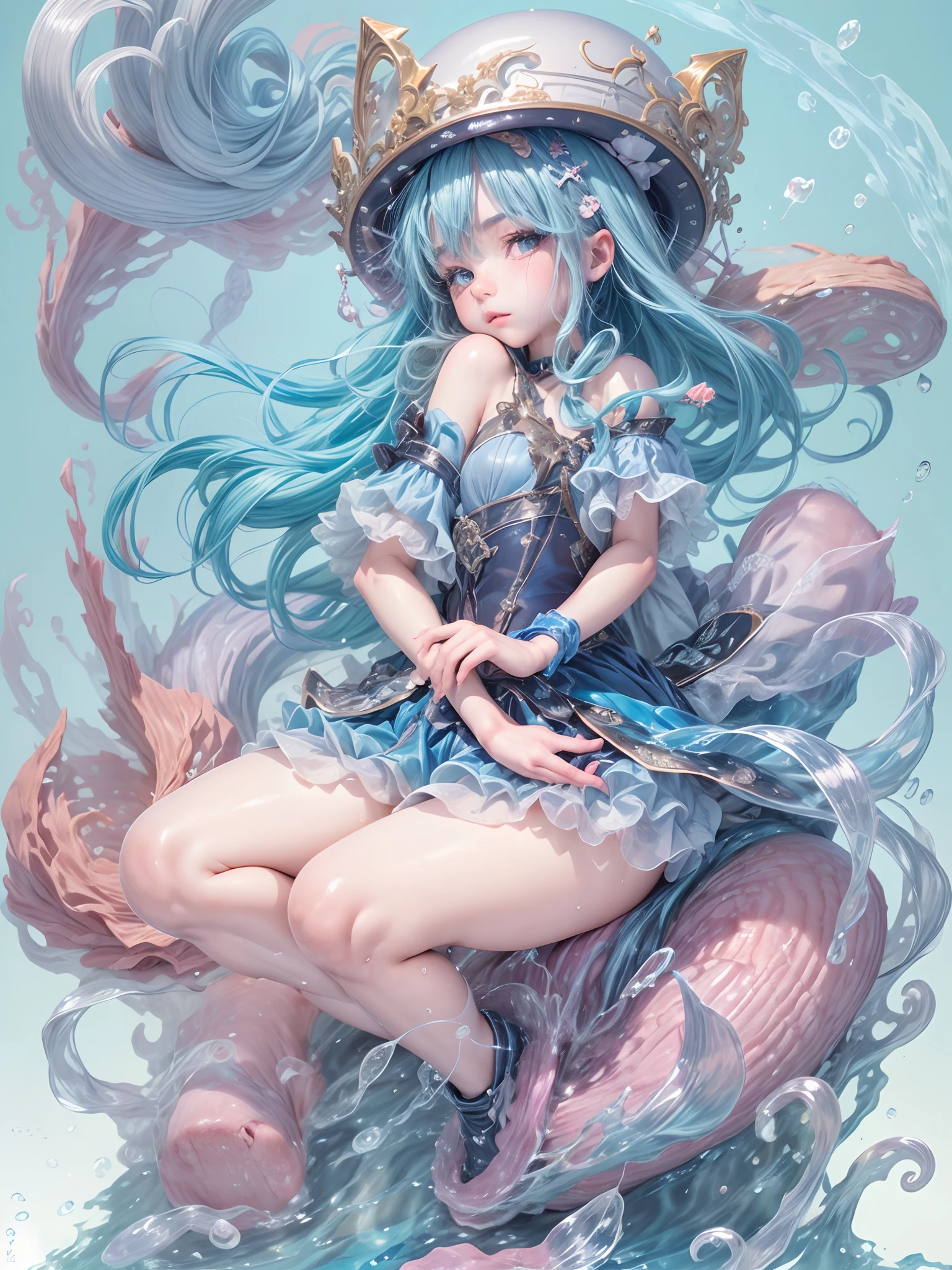 1 small curved ，blue  hair，15 years old，dwarf，Lie at the bottom of the sea，full bodyesbian，Beauty wears transparent gel coat，The perfect figure reveals a slender waist，The lines are perfect，Raised sexy，Blushlush，Hands touch the inner thighs，The shoulders and navel are clearly visible，View from above，