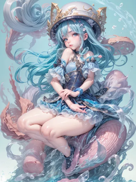 1 small curved loli，blue  hair，15 years old，dwarf，Lie at the bottom of the sea，full bodyesbian，Beauty wears transparent gel coat...