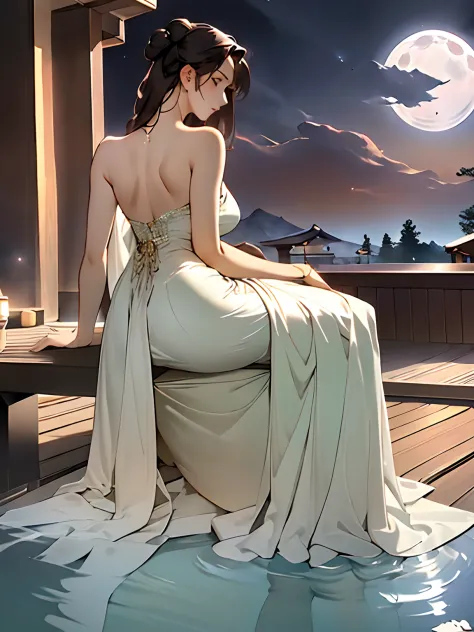 Masterpiece, Best quality, A high resolution, absurderes, ultradetailed, astounding, Wonderful, Awesome, Peaceful, relaxing, Beautiful feet, Highly detailed , 1girll, Looking at the sky, (Back shot:1.1), (low  angle shot:1.1), Onsen, steams, Night sky, Bri...