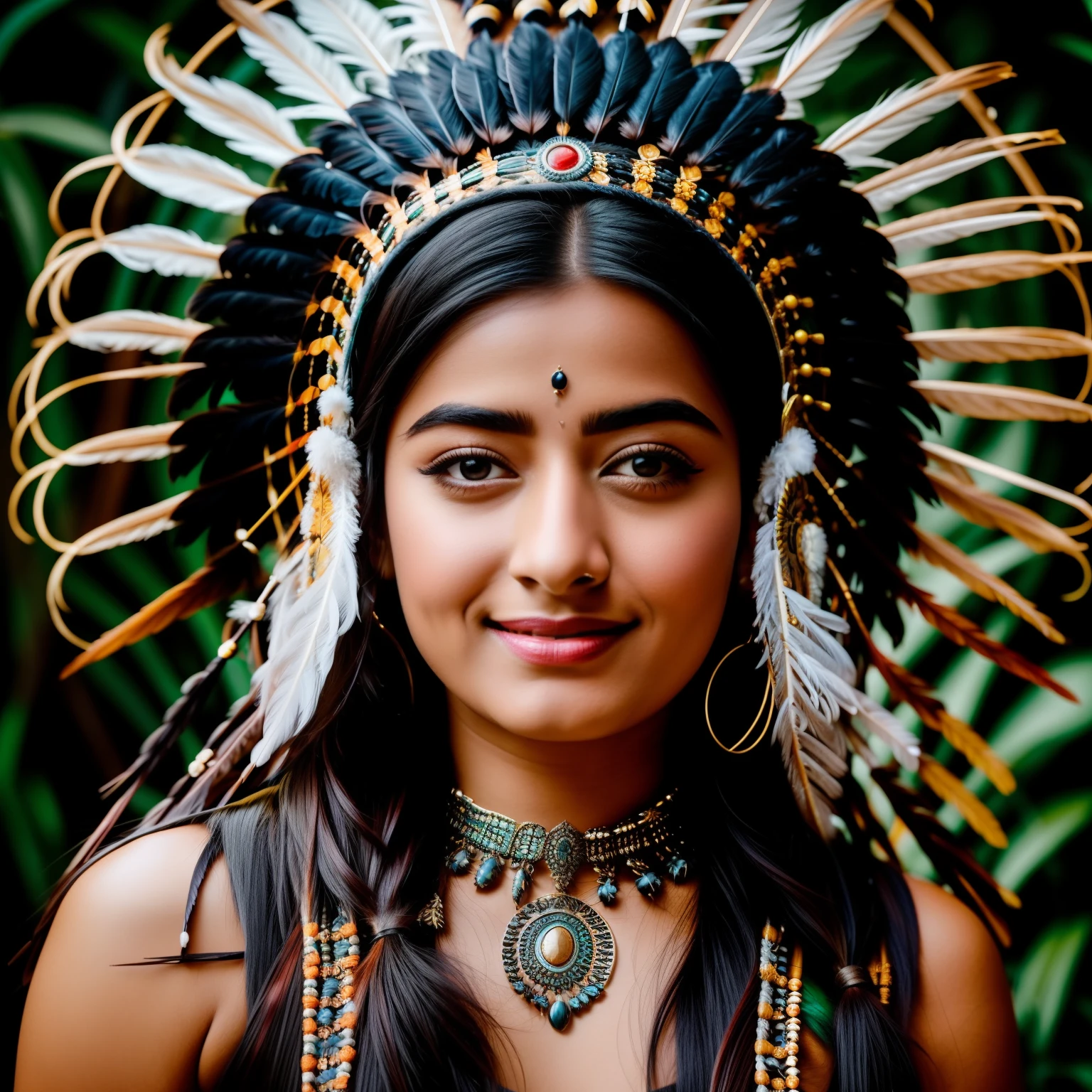 {{{cute rashmika}}} young woman wearing a feather headdress and a feather mask, she is dressed in shaman clothes, elaborate costume, feathered headdress, headdress, ornate headdress, centered headdress, native american, aztec princess portrait, beautiful costume, indian warrior, native american warrior, american indian headdress, : native american shamen fantasy, wearing crown of bright feathers