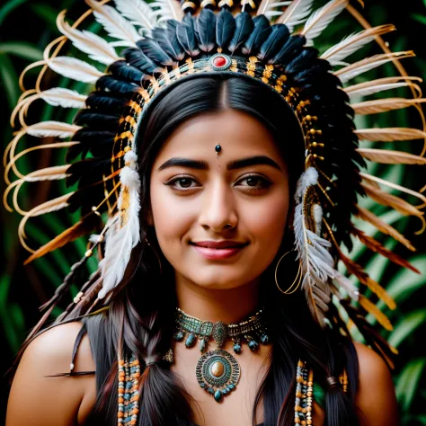 {{{cute rashmika}}} young woman wearing a feather headdress and a feather mask, she is dressed in shaman clothes, elaborate cost...