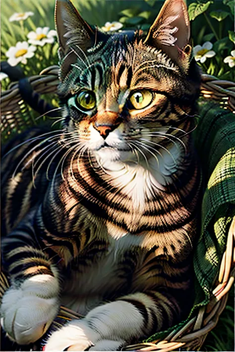 Create a captivating painting of a Tabby cat with green-yellow eyes, lying in a comfortable box with its head playfully poking out. The cat should have a lazy and content expression, capturing its relaxed demeanor. Set the scene in a sunny garden with dapp...