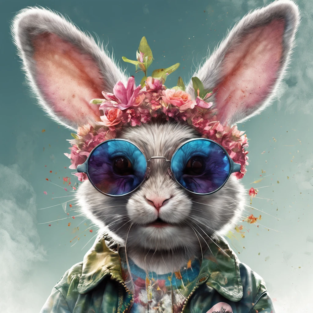 Perfect centering, Cute bunny, Wearing a jacket，crystal vases，Rose flower, Wearing sunglasses, cheerfulness, Standing position, Abstract beauty, Centered, Looking at the camera, Turn sideways to the camera, nearing perfection, Dynamic, Highly detailed, smooth, Sharp focus, 8K, high definition resolution, illustration, Art by Carne Griffiths and Wadim Kashin, White background