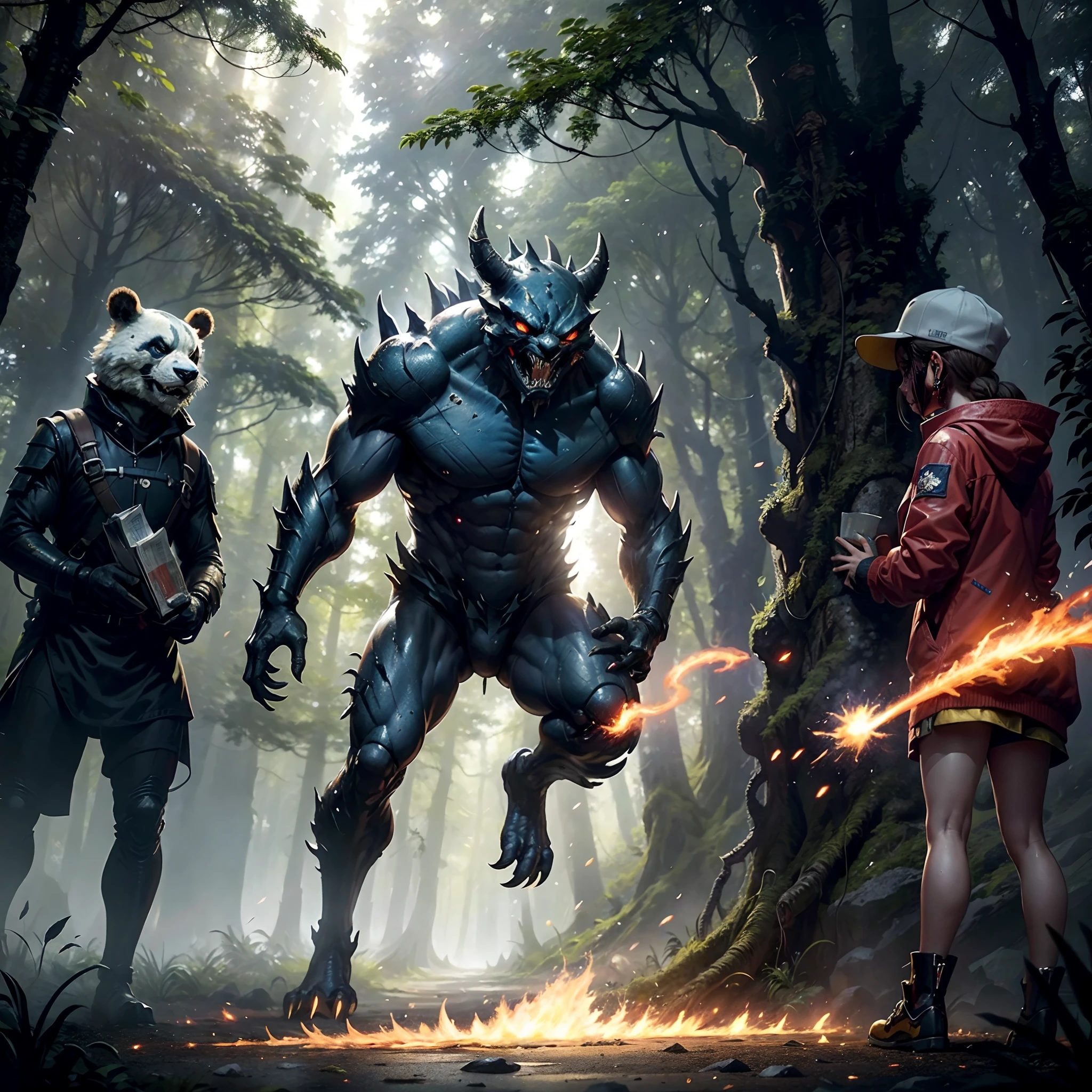 ，masterpiece, best quality，8k, ultra highres，In a quiet and peaceful forest，Sunlight shines through the lush foliage，Mottled light and shadow are formed。sudden，Alien organisms invade Earth，A strong energy fluctuation distorted the space，A mysterious crack appeared in the sky。A group of tall figures poured out of the cracks、Muscular alien organisms。They have sharp claws、Blue scales and red eyes with a fierce light，A low and menacing roar sounds。

These alien creatures deliver stunning, dynamic special effects every step of the way，They soared from the ground，Volleys tumble and sprint forward。With every jump，They left flickering sparks and illusory energy residues under their feet。The energy rays released by their bodies gradually condensed into layers of mysterious shields，Protects them from harm。Messy hair, earrings, firefighter jacket, newspaper cap, panda tail, side sitting, hand in hand, volcano, collage art, forest ice