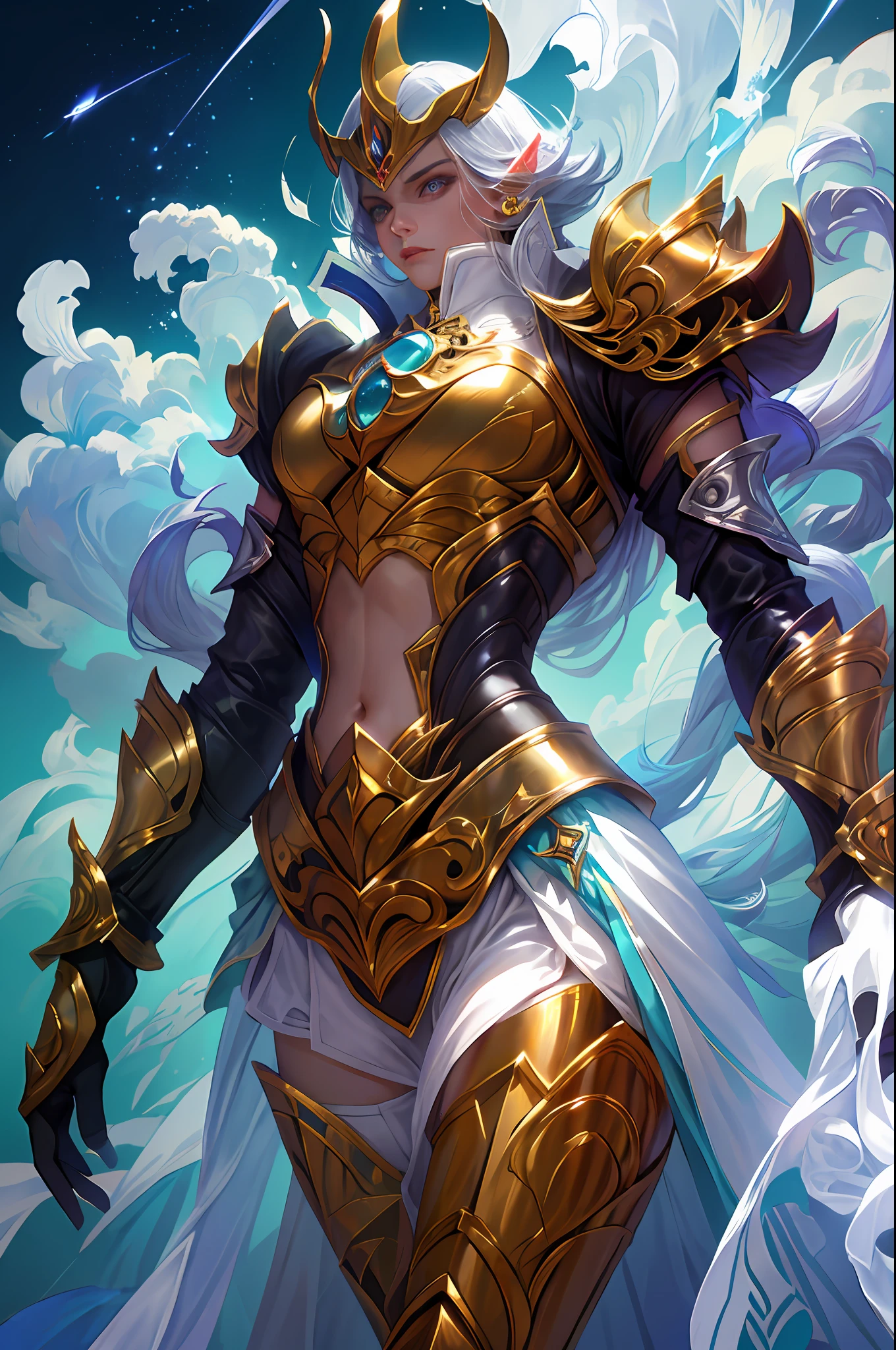 Ultra-high saturation，（tmasterpiece）， fully body photo，（best qualtiy）， （1girll）， starryskybackground，Wearing shiny gold armor， Sexy lingerie type armor，Expose your chest，Expose the waistline，Exposing thighs，cool-pose， Saint Seiya Armor， messy  hair，high detal, Anime style, Cinematic lighting, Sparkle, god light, Ray traching, filmgrain, hyper HD, textureskin, super detailing, Anatomical correct, A high resolution，Ultra-high saturation，hight contrast，High-gloss armor，Smooth skin，Serious expressions,Dark room,A medium shot of a terrifying necromancer，iintricate，high detal，dramatics