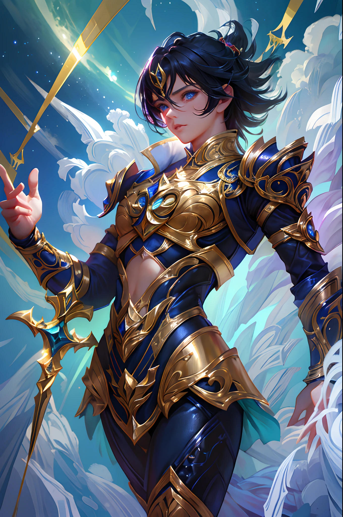 Ultra-high saturation，（tmasterpiece）， fully body photo，（best qualtiy）， （1girll）， starryskybackground，Wearing shiny gold armor， Sexy lingerie type armor，Expose your chest，Expose the waistline，Exposing thighs，cool-pose， Saint Seiya Armor， messy  hair，high detal, Anime style, Cinematic lighting, Sparkle, god light, Ray traching, filmgrain, hyper HD, textureskin, super detailing, Anatomical correct, A high resolution，Ultra-high saturation，hight contrast，High-gloss armor，Smooth skin，Serious expressions,Dark room,A medium shot of a terrifying necromancer，iintricate，high detal，dramatics