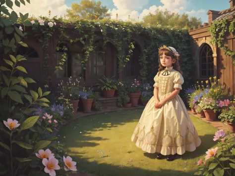 a 9 year old girl, perfect face, [(detailed face), ((detailed facial features)):0.4], [full body::0.4], victorian era dress, [ball gown::0.4], garden, [sky::0.4], masterpiece, high quality, best quality, [delicate pattern, intricate detail, [soft rim light...
