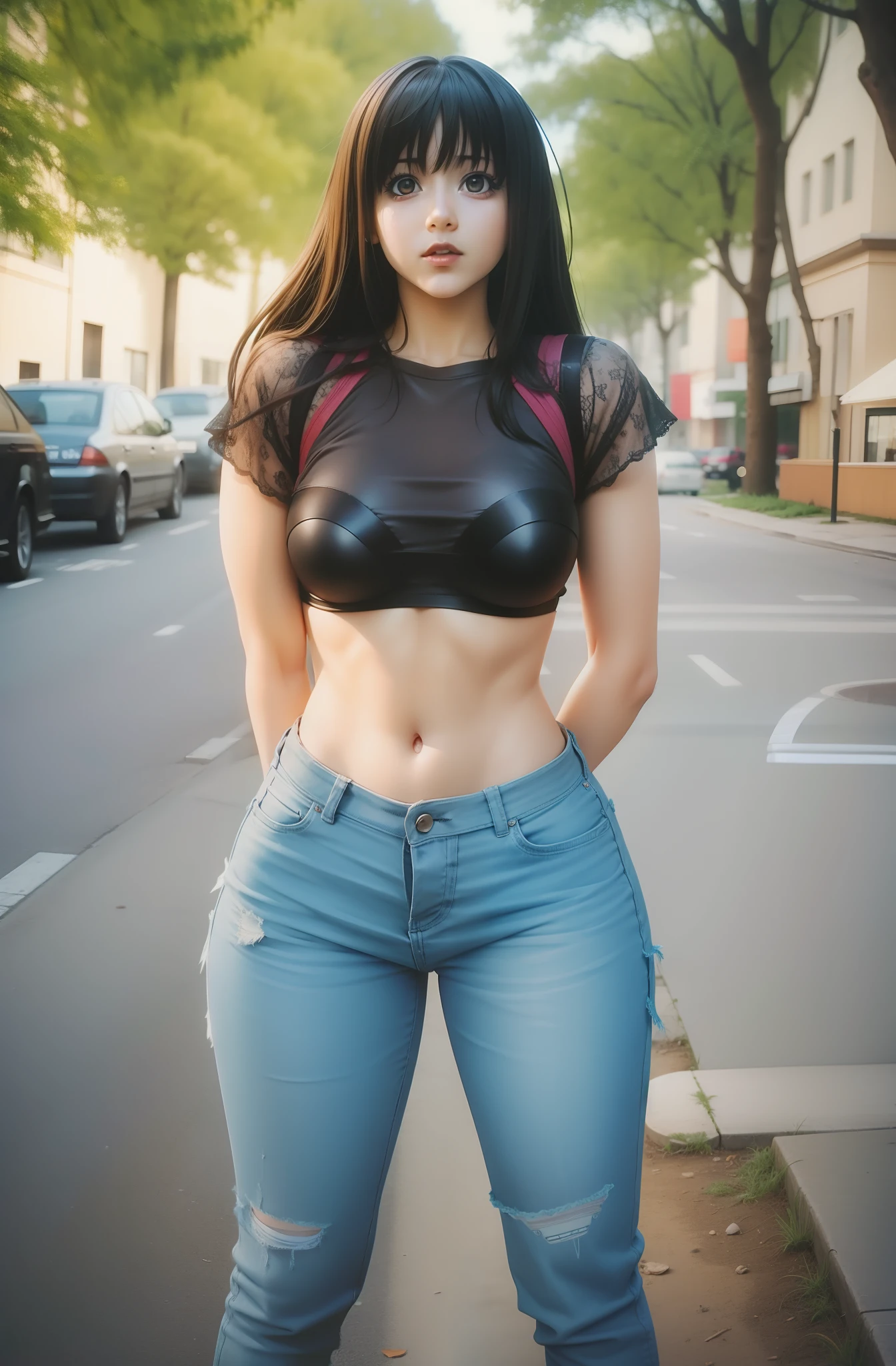 A woman in a black top and jeans posing for a picture - SeaArt AI