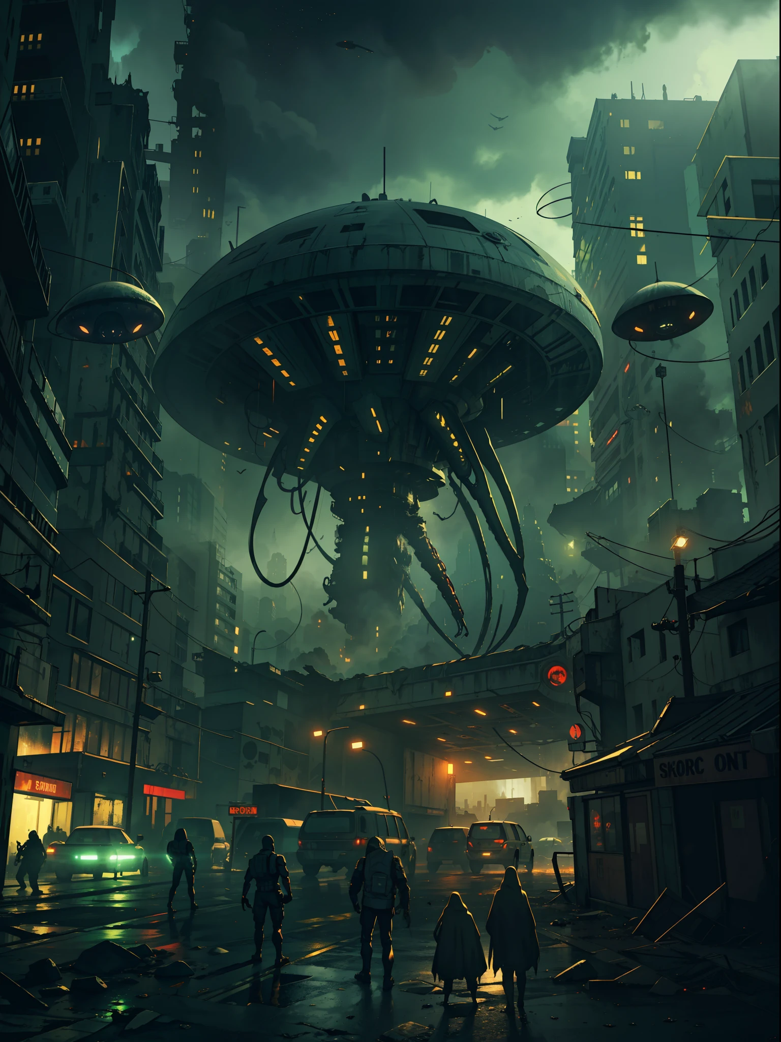 "Creepy and intense alien invasion scene with dark atmosphere, dramatic lighting, and intense action. Show powerful extraterrestrial creatures, advanced technology, destroyed cityscape, panicked civilians, and a sense of imminent danger. Generate an unsettling and immersive image that captures the chaos and terror of an otherworldly invasion."