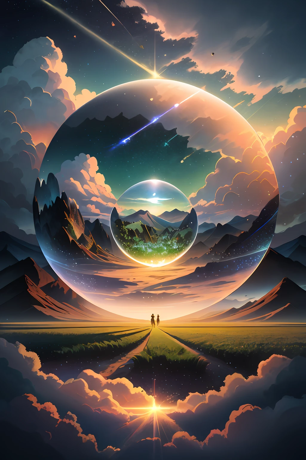 A giant mirror sphere floating in space, flickering lights, sad hamster lost (heaven like green fields surrounded by high mountains and clouds:1.3), particles in the air, god rays, stars in the background, intricate fractals, detailed, (illustration), masterpiece, high resolution, best quality.