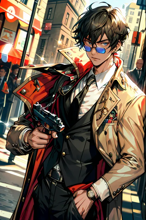 masterpiece,best quality,(1man:1.3), 25 years old,short hair,colored tips,curly hair,colored glasses,earings,gun,tie,topless,corset,mafia style,handcuffs,wrap coat,street,from above,(dutch angle, fisheye),lens flare,depth of field