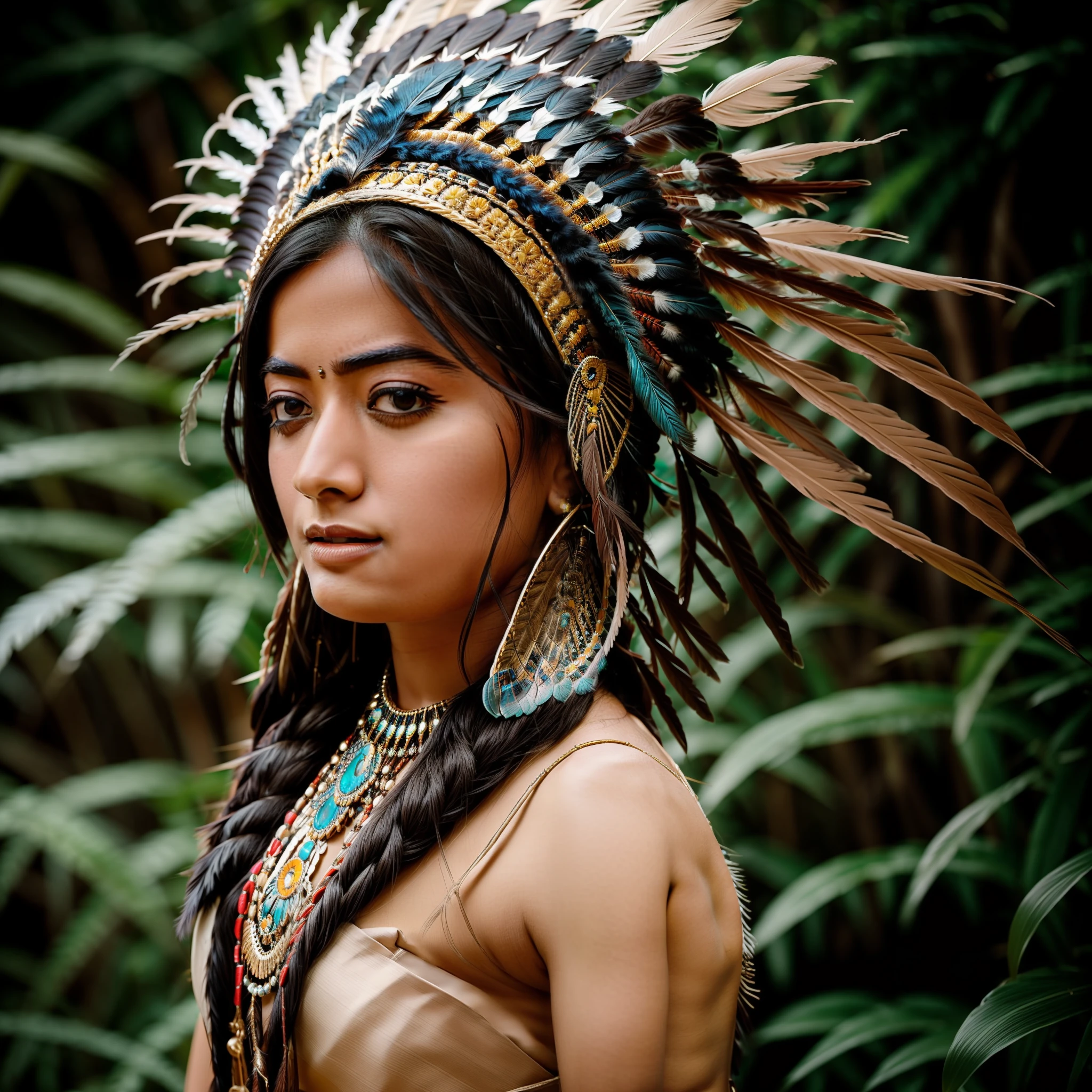 {{{cute rashmika}}} young woman wearing a feather headdress and a feather mask, she is naked, elaborate costume, feathered headdress, headdress, ornate headdress, centered headdress, native american, aztec princess portrait, beautiful costume, indian warrior, native american warrior, american indian headdress, : native american shamen fantasy, wearing crown of bright feathers