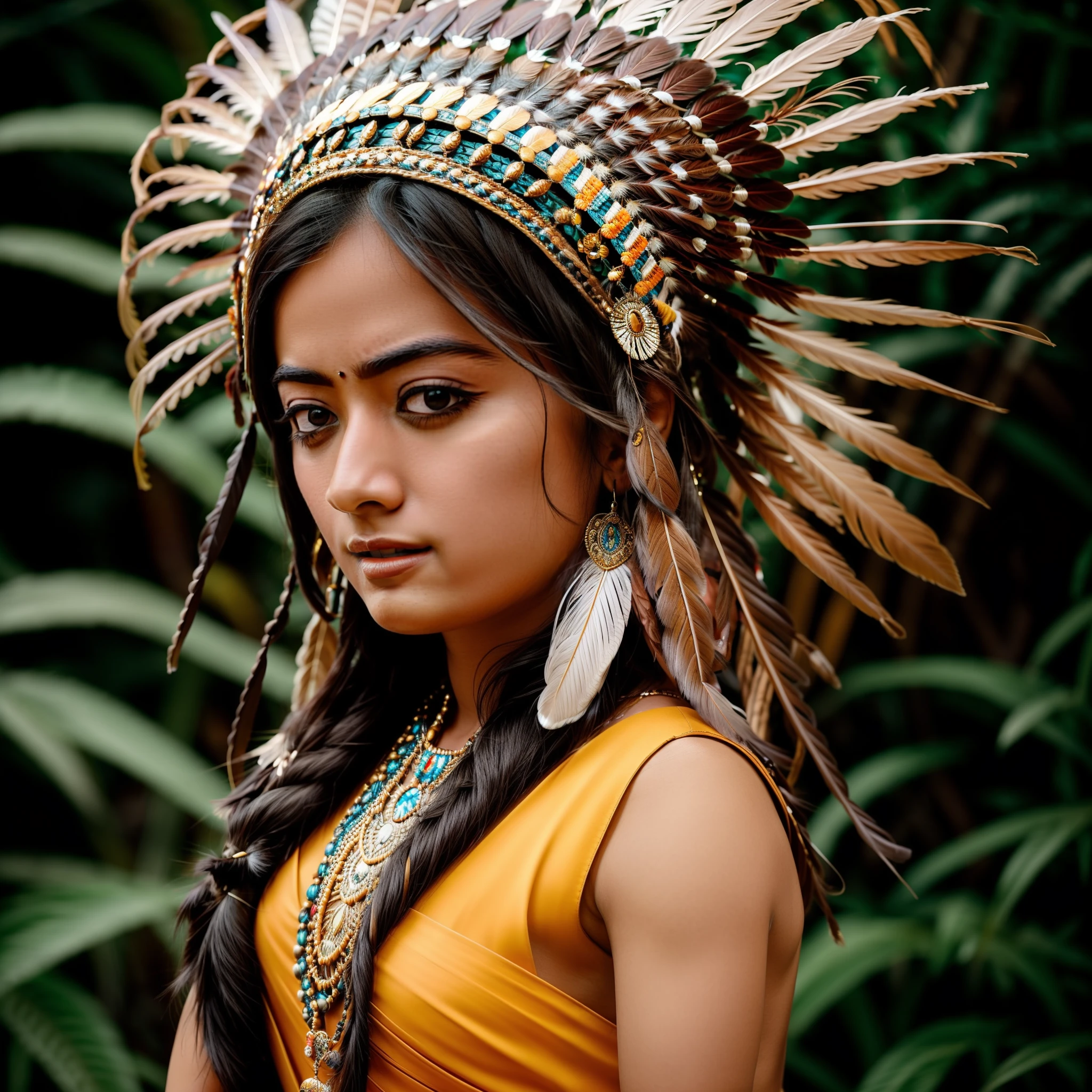 {{{cute rashmika}}} young woman wearing a feather headdress and a feather mask, she is naked, elaborate costume, feathered headdress, headdress, ornate headdress, centered headdress, native american, aztec princess portrait, beautiful costume, indian warrior, native american warrior, american indian headdress, : native american shamen fantasy, wearing crown of bright feathers
