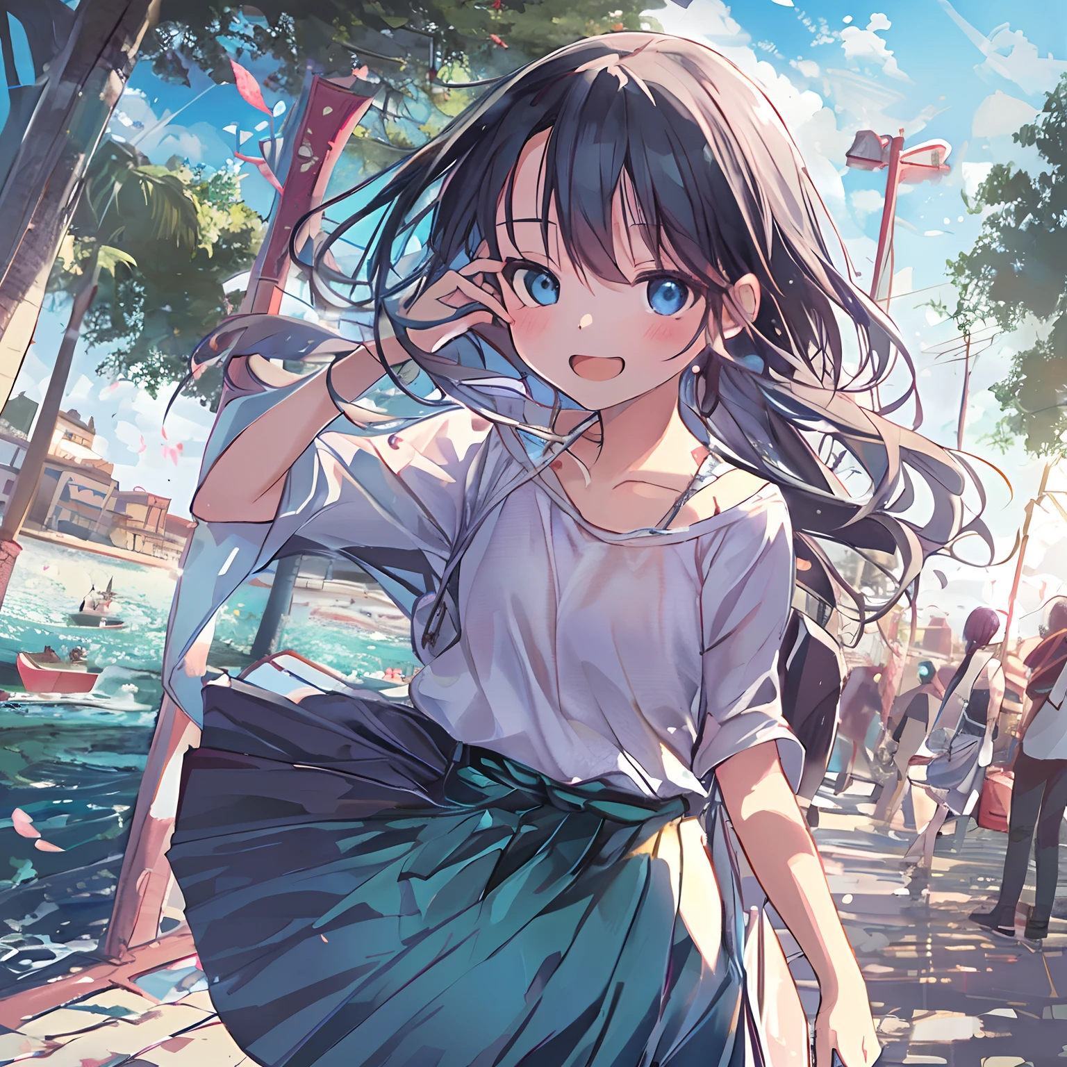 absurderes, hight resolution, (Anime style:1.1), ((masutepiece)), ((Best Quality)), (Ultra-detailed), (Beautiful), 独奏, Beautiful face、(liftup),Cute little girl standing on the street in Mediterranean port city,Wind,of shiny pale black hair, Colorful eyes,Cute summer sexy clothes,Blue sky,Closed eyes,Looking at Viewer,Lens Flare,Dramatic, Coastal、(The skirt flutters in the wind:1.3)、A smile