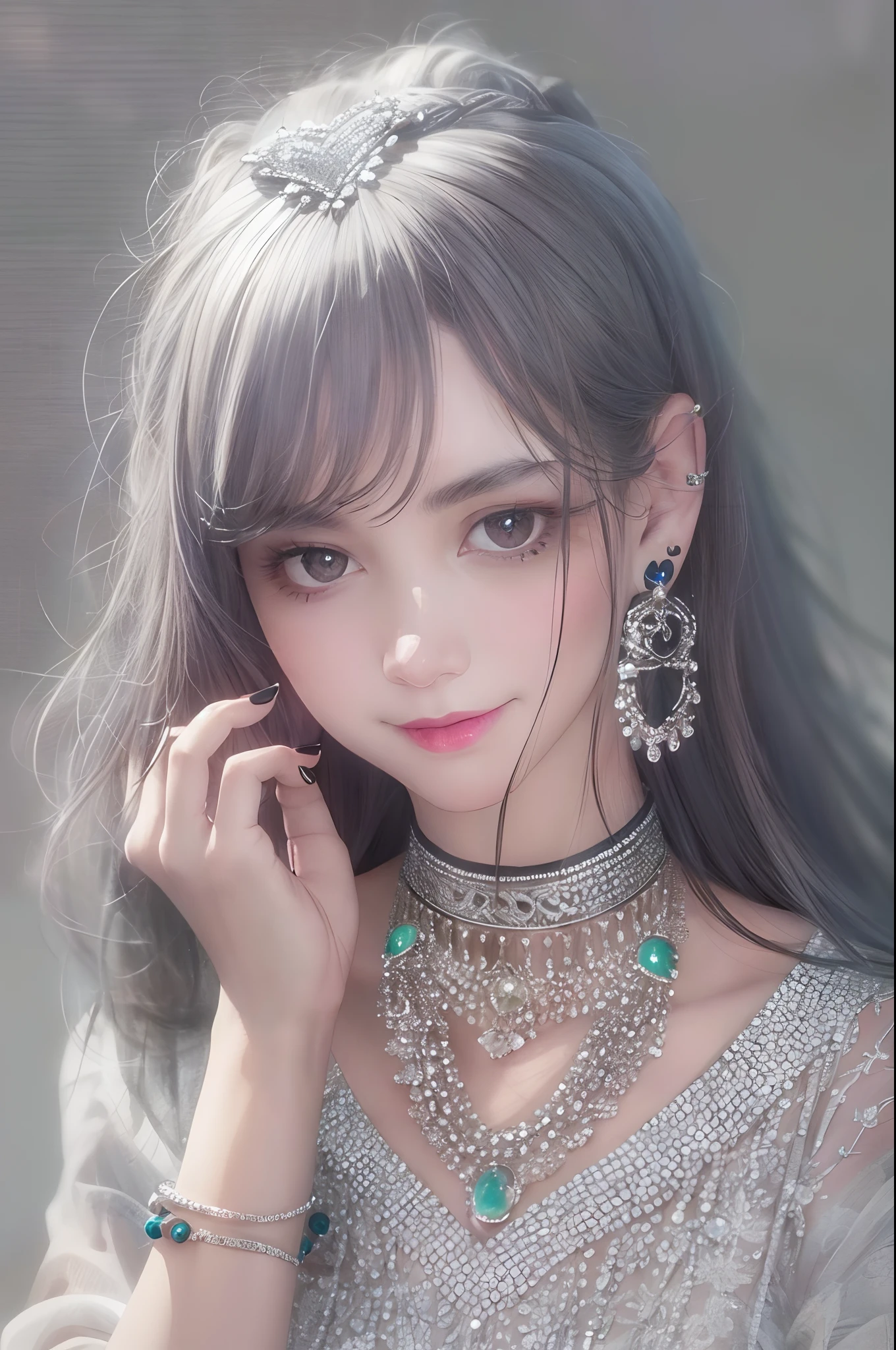 masterpiece,best quality,ultra-detailed,8K,detailed light,detailed shadow,RAW, (detailed skin),(realistic:1.2),
1girl,face,
pilyeon, black nails, jewelry, Long hair, looking at viewer, choker, necklace,piercing, white background, heart, closed mouth, grey eyes, nail polish, simple background, black hair, ear piercing, black choker, smile, eyelashes, lips, hand on own cheek, bangs, bracelet, beads, gem, earrings, fingernails