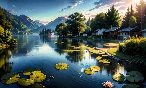 tmasterpiece，top-quality，green waters，There are green lotus leaves，There was a duckling swimming，rays of sunshine，in the early morning，1girl，Casual dress girl，baggypants，T-shirt，mediuml breasts，Girl playing by the lake，Wooden watermills are becoming lush，F...