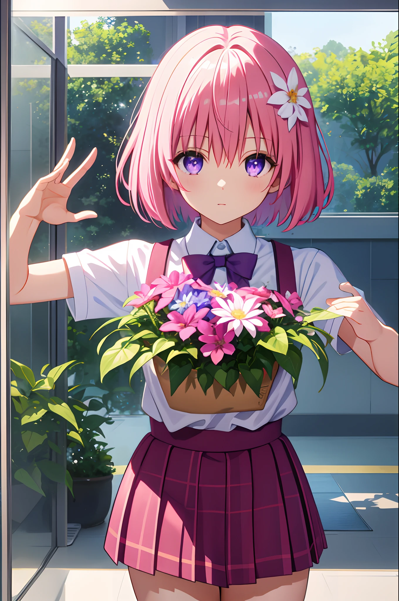 Anime girl with pink hair and purple dress holding a basket of flowers -  SeaArt AI