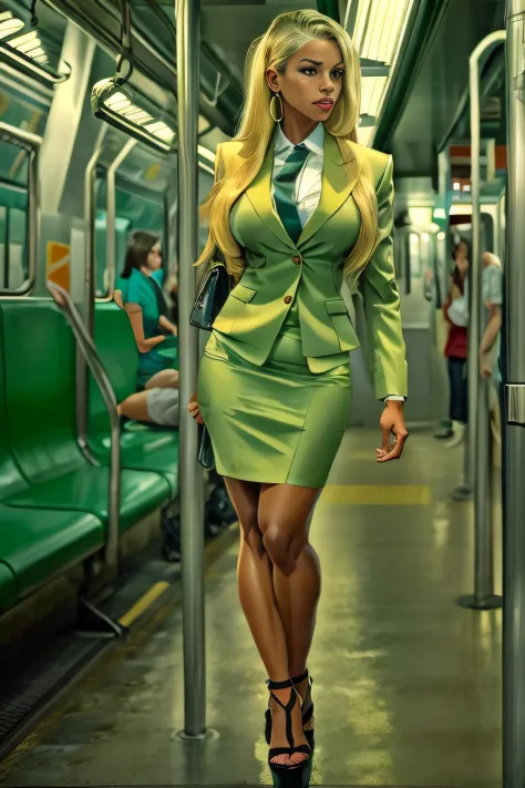 Brazilian, ganguro girl, muscular legs, muscular calves, Strong legs, muscular hips, wide thighs, Curvy hips, A full body shot, high-heeled sandals, tights in a net, Stiletto heels, Women's business suit with a short skirt, large ring earrings, He really w...
