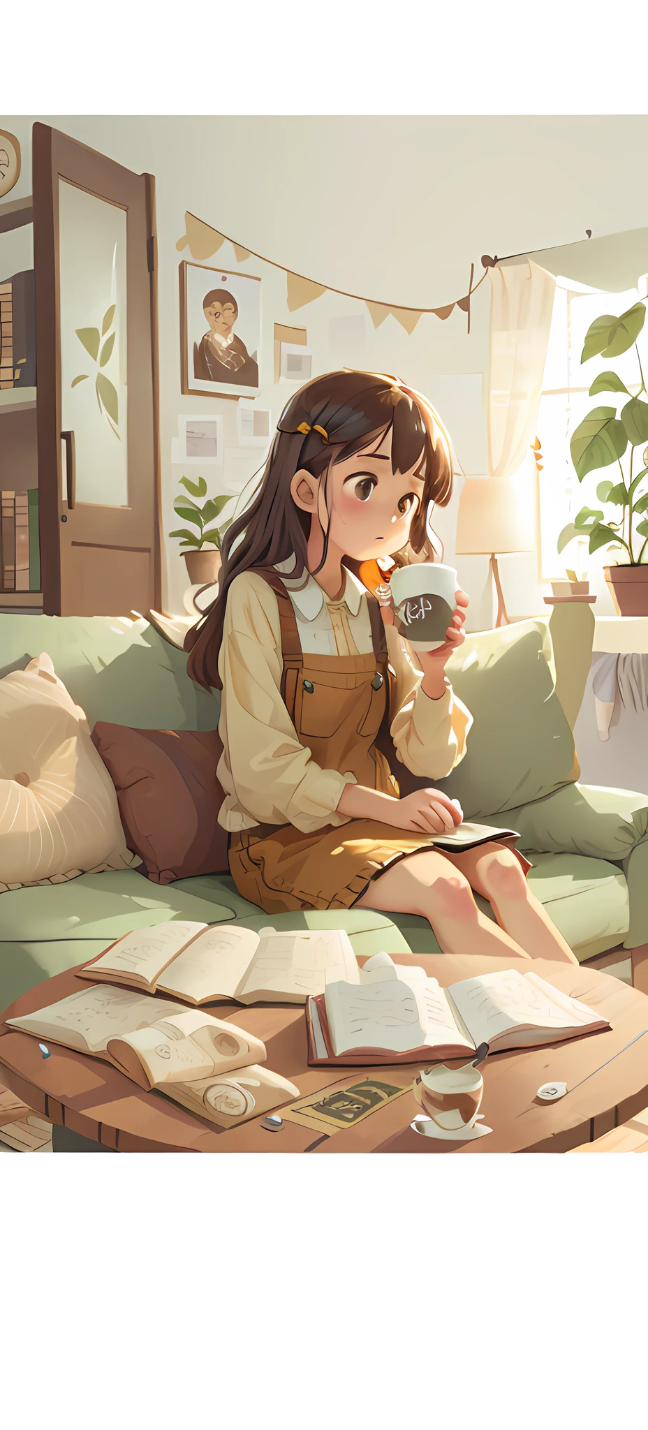 Best quality, realistic details, (illustration), (volume lighting), (warm light), 1 girl, sitting sofa, drinking tea, living room, sofa, coffee table, books, throw pillows, plants