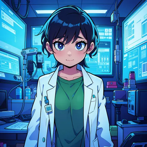 a cute girl in a lab coat, hospital, laboratory