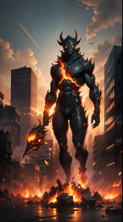 In being blown up, Ruined cityscape, The streets were shelled，damaged streets，The windows were shattered，[（terroral）+（Goat-faced humanoid monster）]Standing on the lava below casts a shadow. Its eyes, Glows like embers,. The flames dancing around the body c...