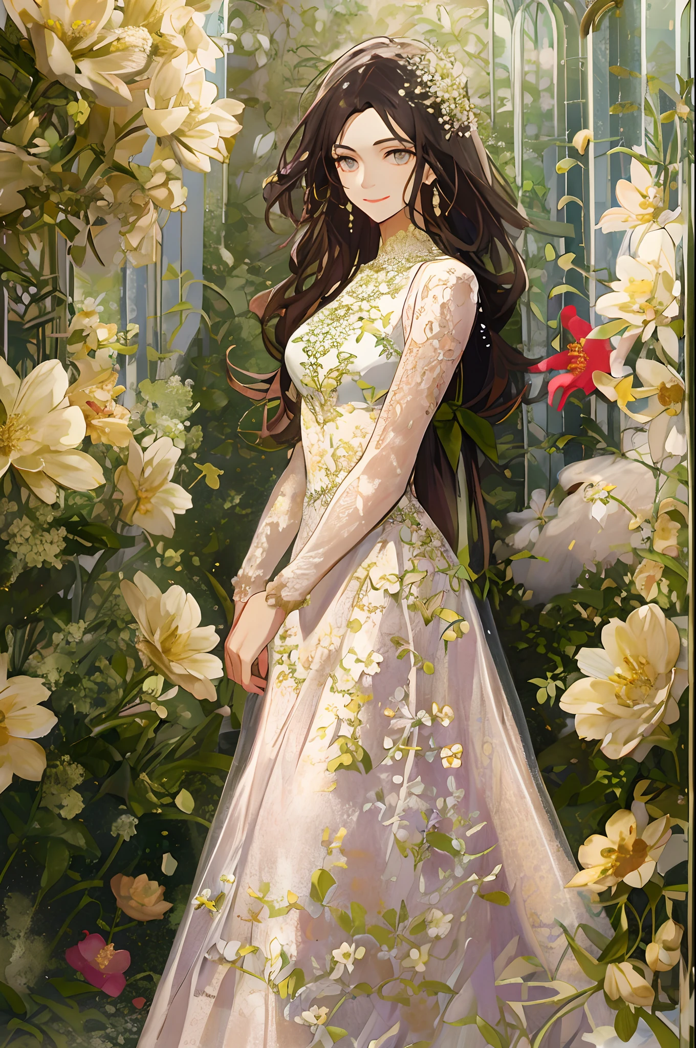 tmasterpiece，best qualityer，1 beautiful woman，dances，Fashionab，Delicate eyes and delicate face，Gorgeous long dress，Complicated details，cheerfulness，ssmile，fresh flowers