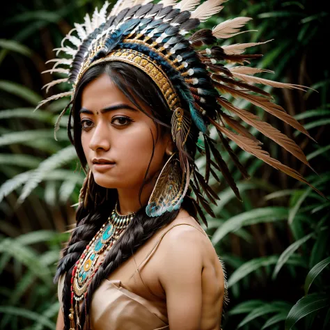 {{{cute rashmika}}} young woman wearing a feather headdress and a feather mask, she is naked, elaborate costume, feathered headd...